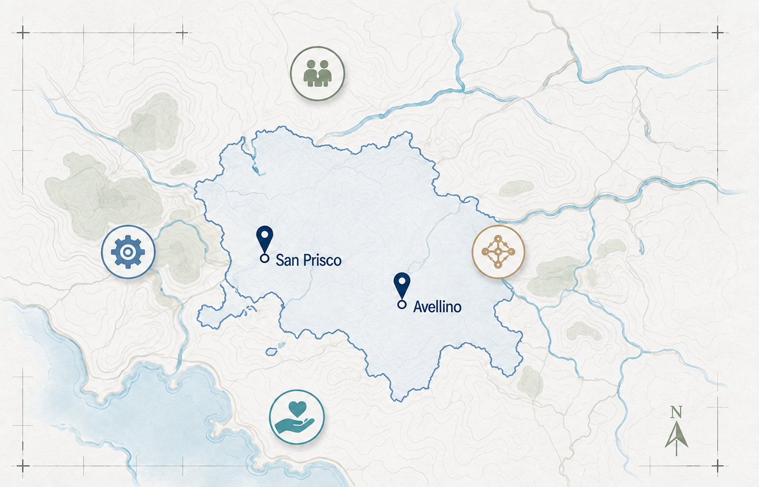 Composizione cartografica illustrativa della rete in Campania: San Prisco e Avellino